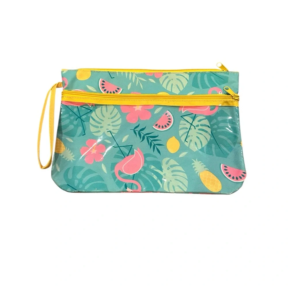 Flamingo Tropical Print Swimsuit or Cosmetic Bag Pink Green Yellow Wristlet